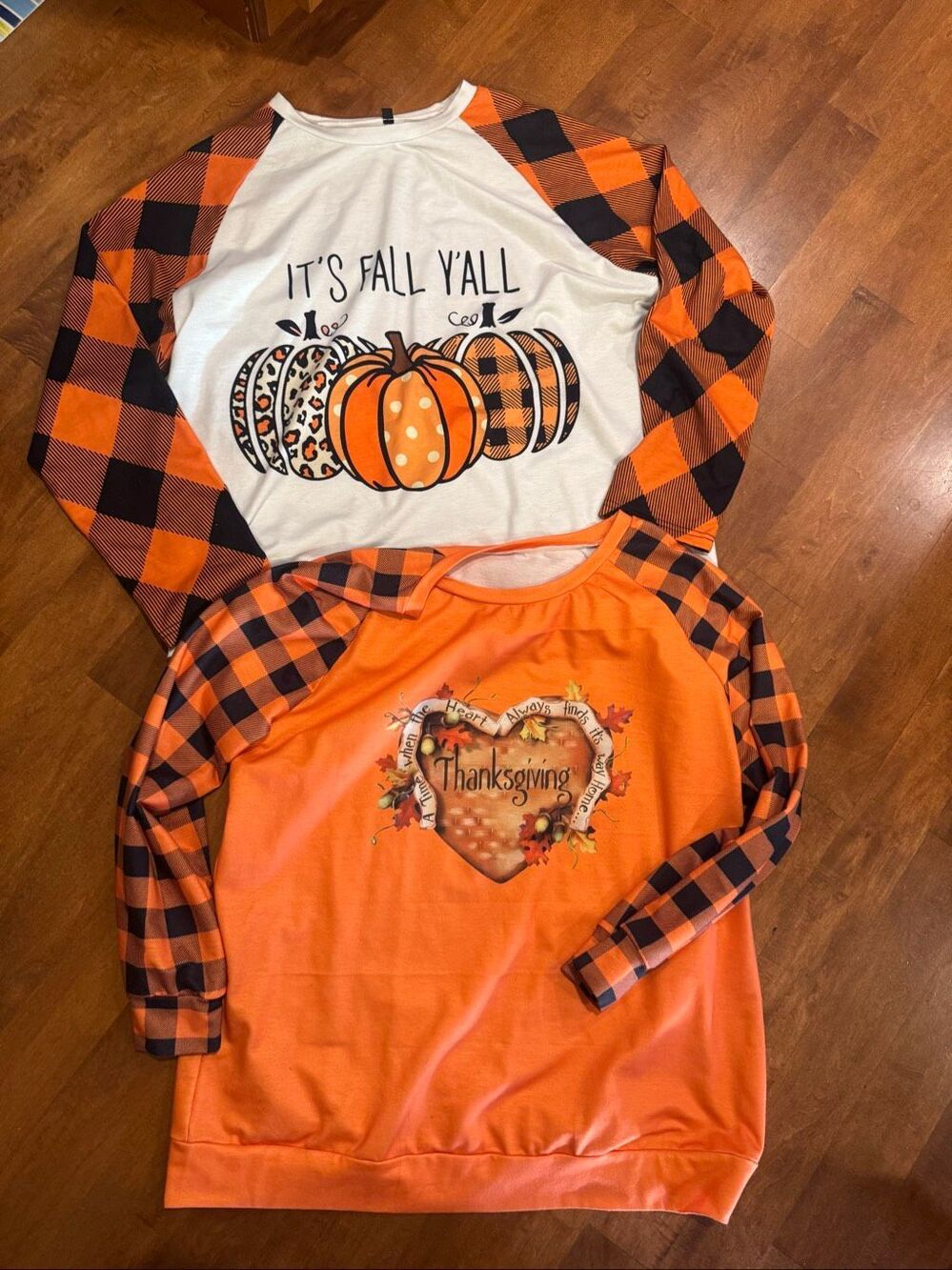Women’s XL Fall & Thanksgiving Graphic Top Bundle 2 Piece Pumpkin Plaid Sleeves